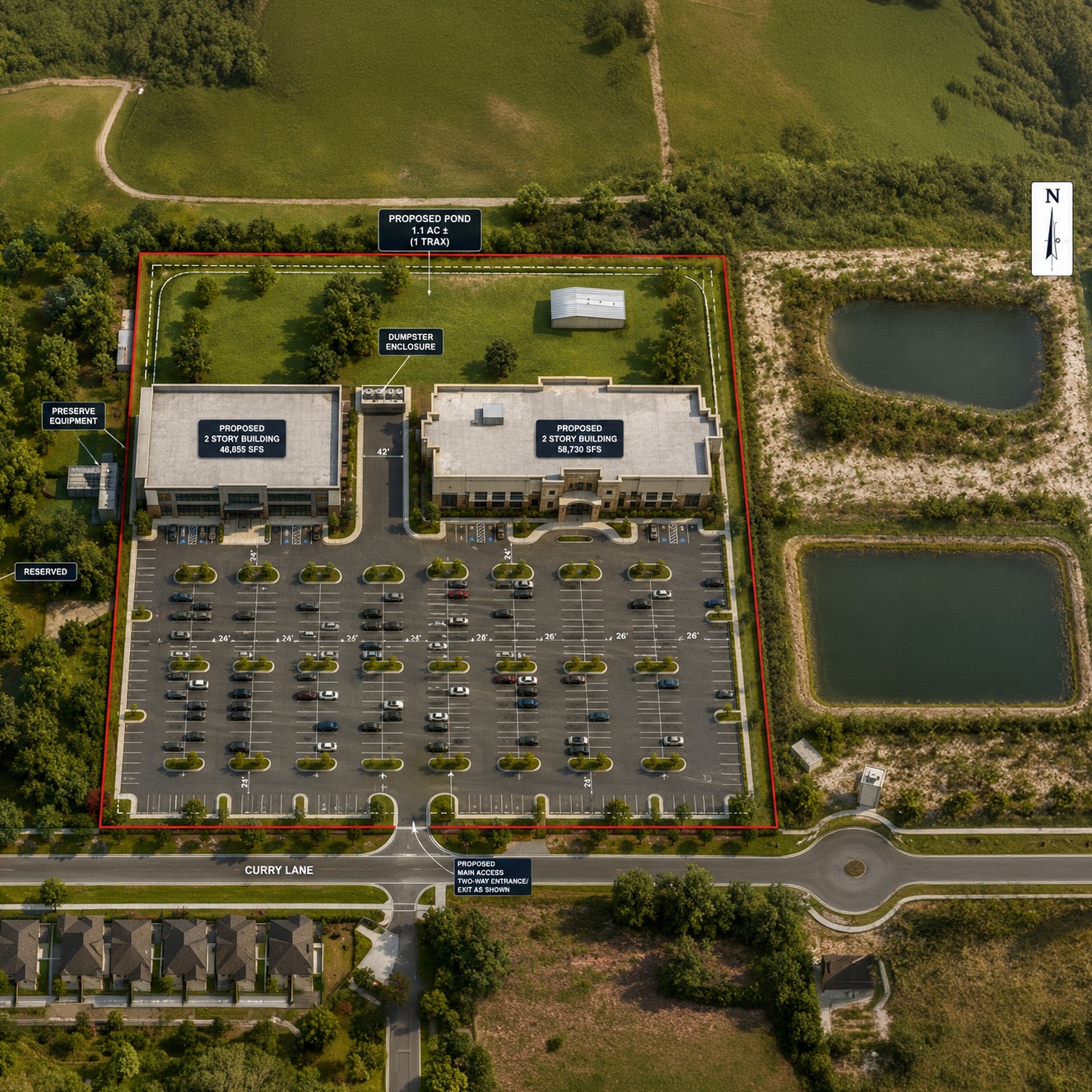 Aerial rendering of the proposed Curry Lane Medical Park buildings, parking and site