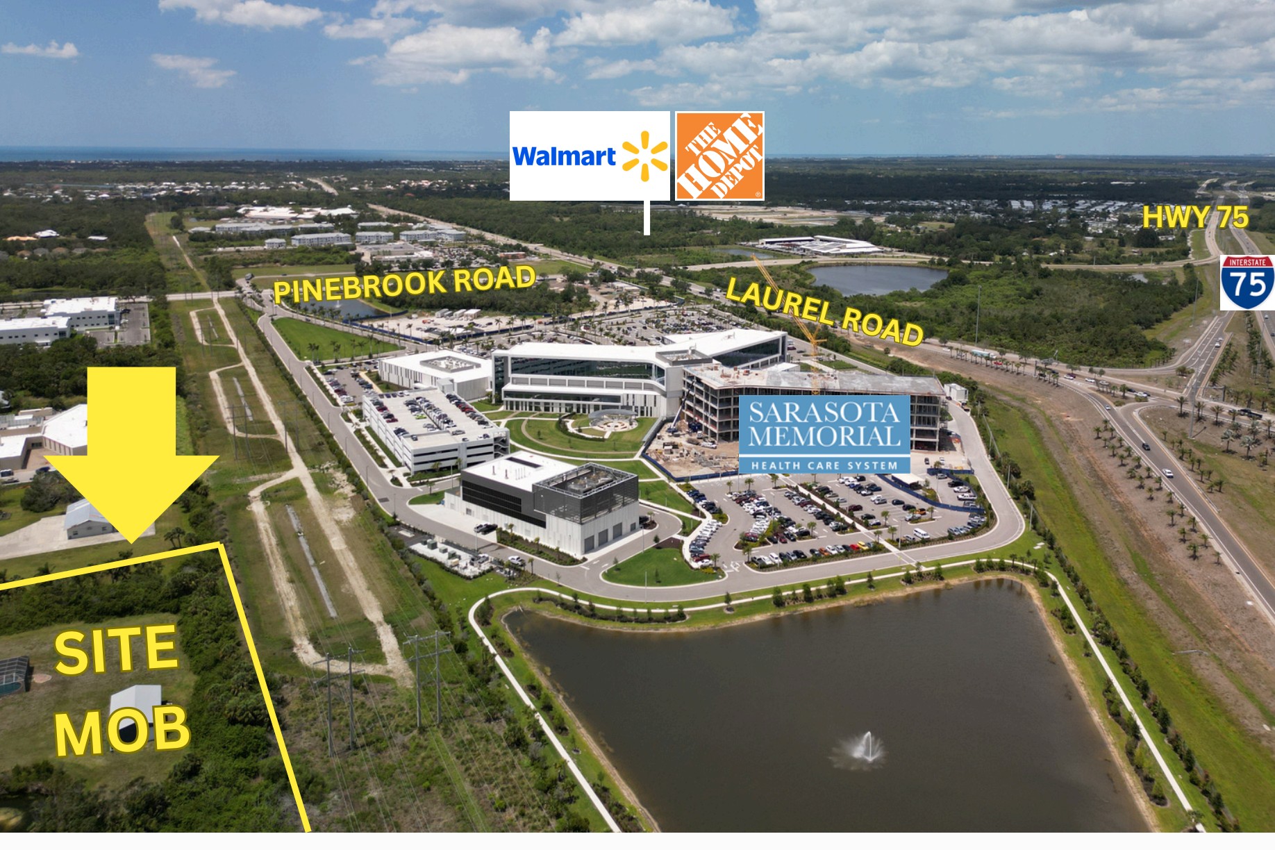 Labeled aerial showing the MOB site, SMH Venice, I-75, Laurel Road, Pinebrook Road, Walmart and The Home Depot